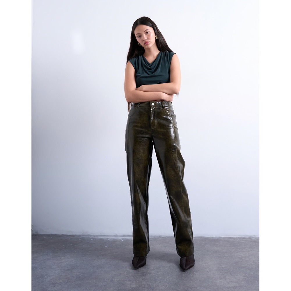 Topshop Faux Leather High Shine Wide Leg Pants Washed Green UK 10 NWT